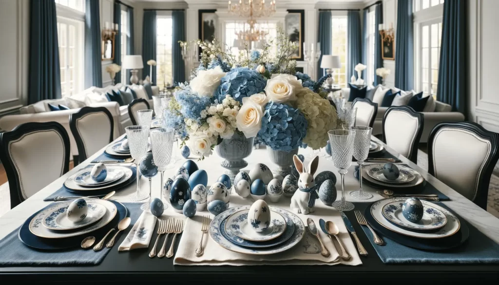 A sophisticated Easter tablescape with a navy and white color scheme, elegant porcelain, crystal stemware, and a centerpiece of blue hydrangeas and white roses.