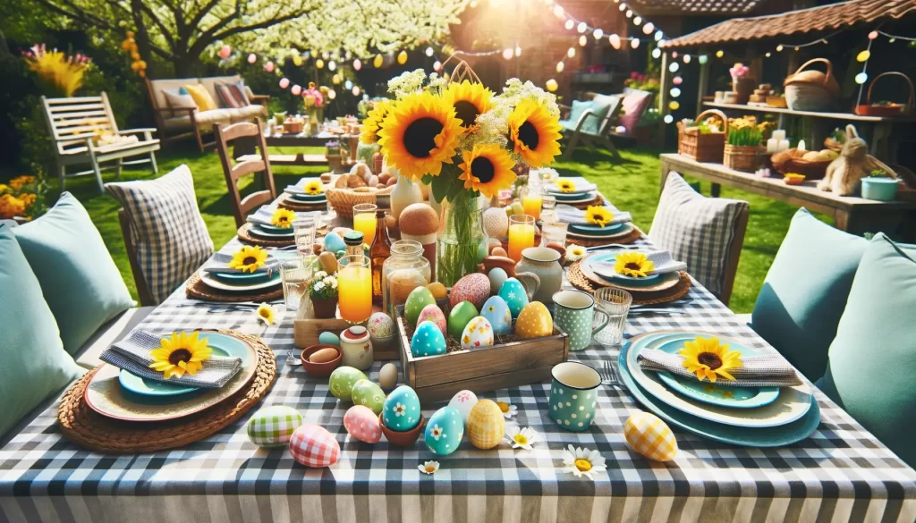 An outdoor Easter brunch tablescape with a checkered tablecloth, bright sunflowers, picnic-style plates, and a casual arrangement of painted eggs and daisies.