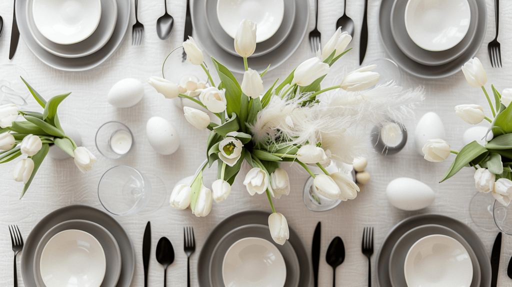 A simple and clean Scandinavian-inspired Easter tablescape with a white and gray color palette, minimalist tableware, and a centerpiece of white tulips and feathered eggs.