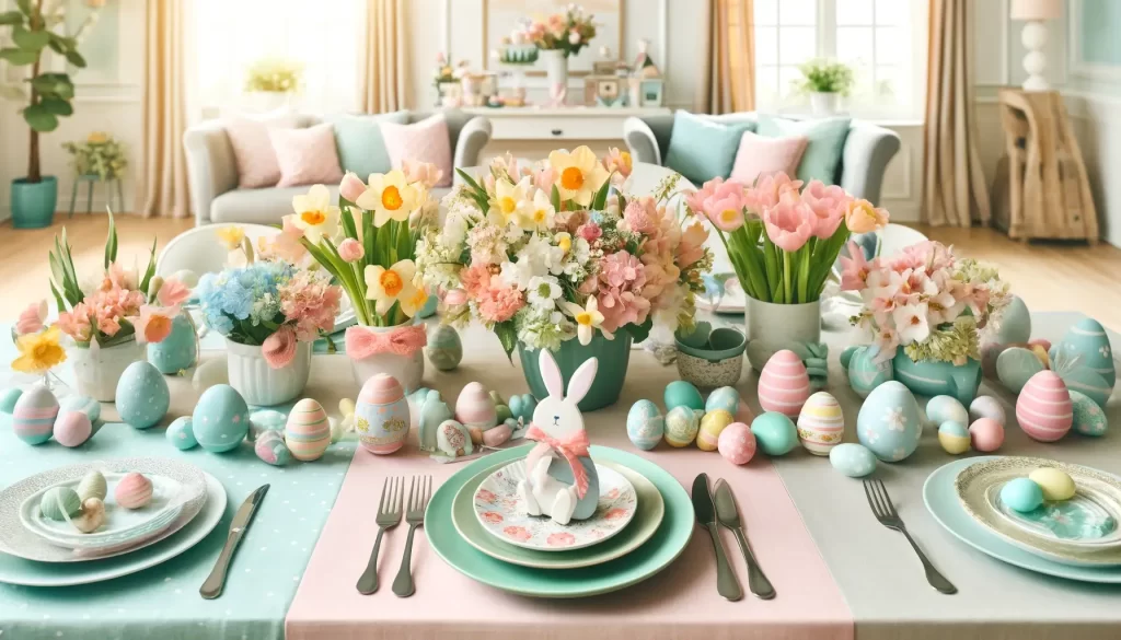 Bright and festive Easter tablescape with pastel colors and spring flower centerpiece.