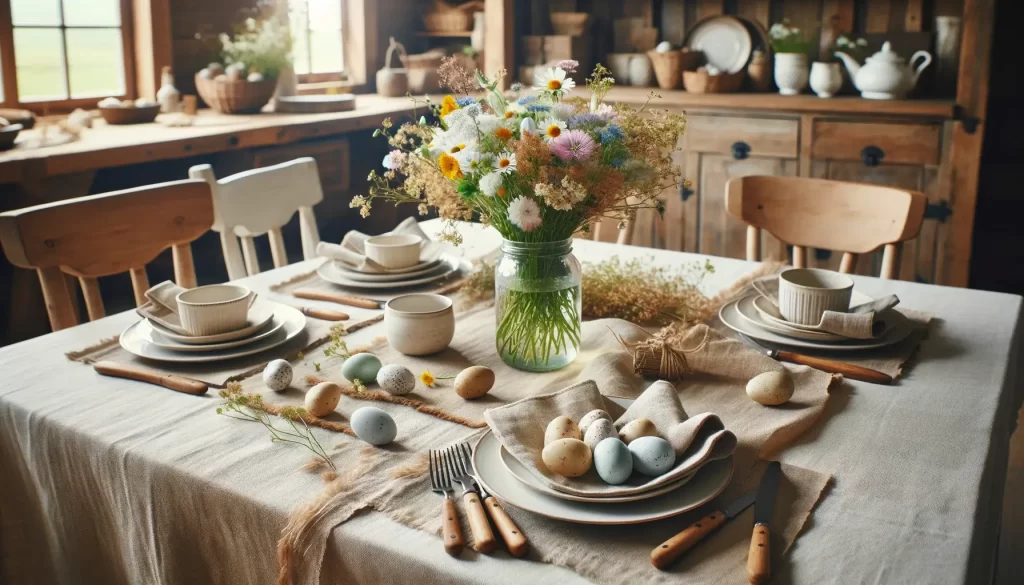 A rustic Easter tablescape with a natural linen tablecloth, simple white ceramics, and a centerpiece of wildflowers in a mason jar, surrounded by scattered painted eggs.