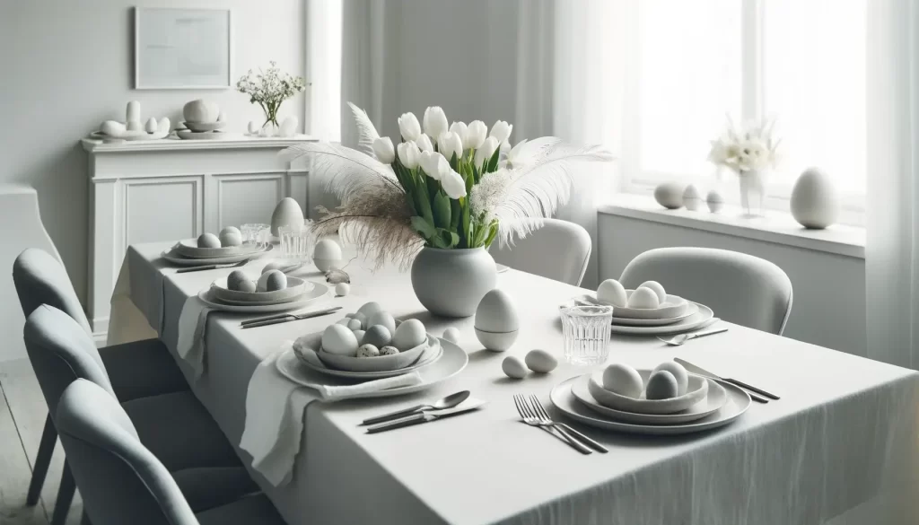 An Easter table setting with a white and gray color scheme, simple tableware, and a centerpiece of white flowers and feathered eggs that is inspired by Scandinavia.