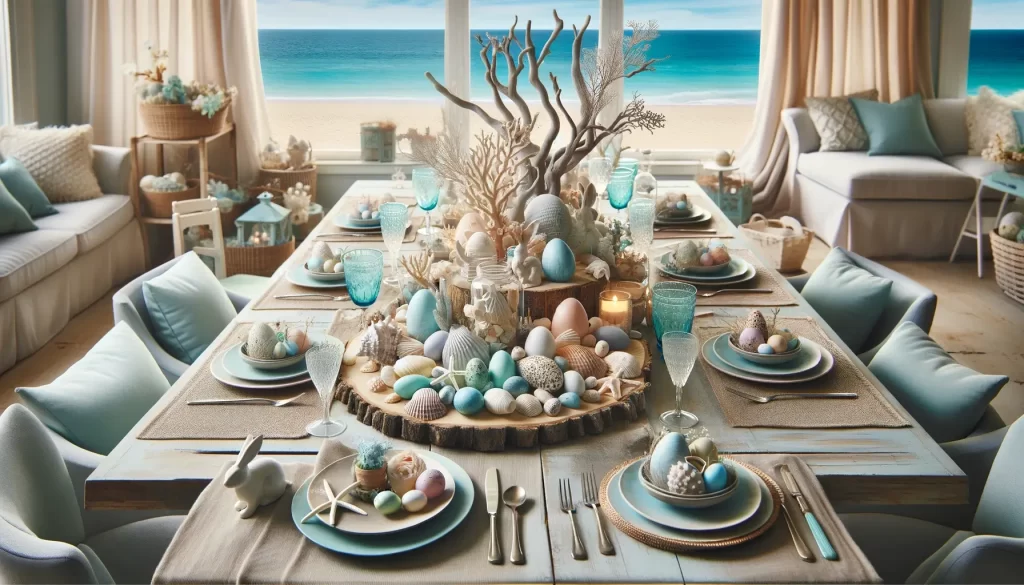 A seaside-inspired Easter tablescape with a light blue and sandy color palette, seashell decorations, and a centerpiece of driftwood and sea glass with subtle Easter accents.