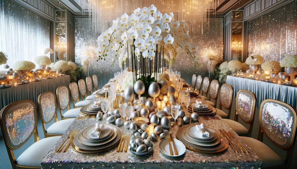 A glamorous Easter tablescape with a sequin table runner, shimmering tableware, and a centerpiece of tall white orchids and sparkling Easter eggs.