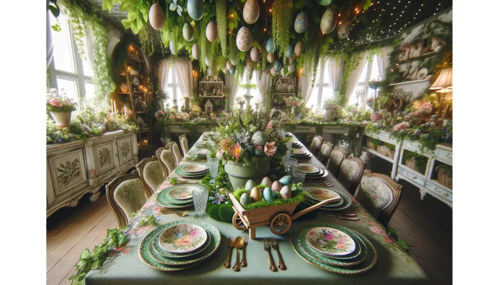 An enchanted garden Easter tablescape with a greenery table runner, floral print plates, and a whimsical centerpiece of a miniature wheelbarrow filled with flowers and Easter eggs.
