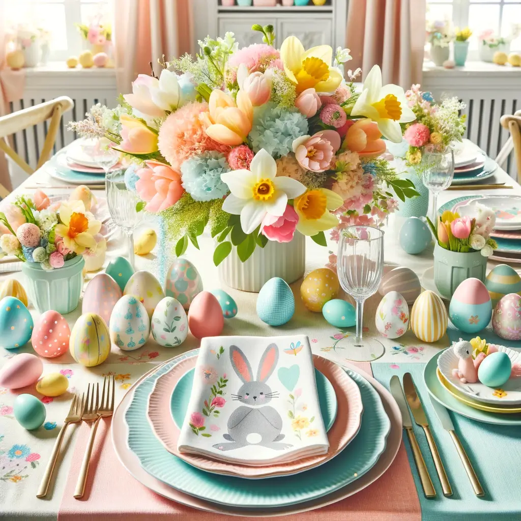 A happy and colorful Easter table setting with a tablecloth in soft colors, napkins with bunny and egg designs, and a centerpiece of tulips, daffodils, and other spring flowers.