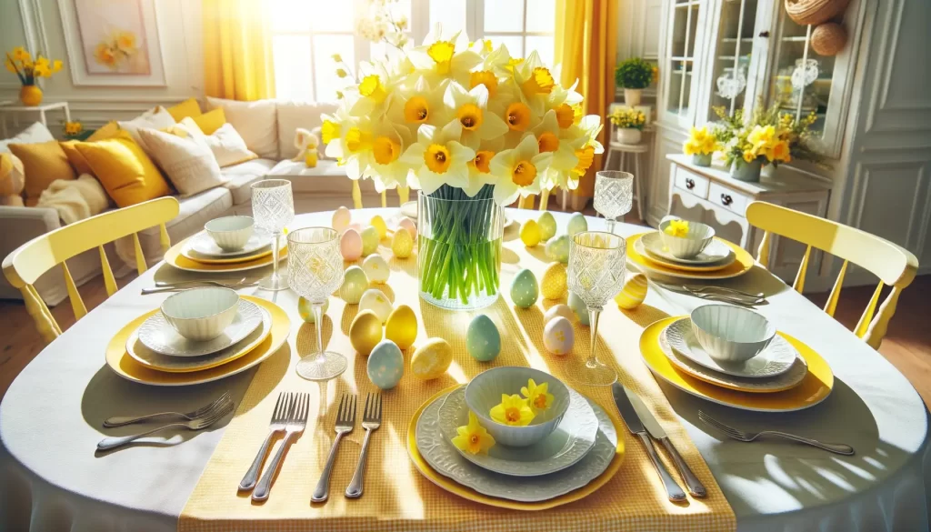 A bright and sunny Easter tablescape with a lemon-yellow tablecloth, white and yellow dishes, and a centerpiece of daffodils in a clear glass vase.