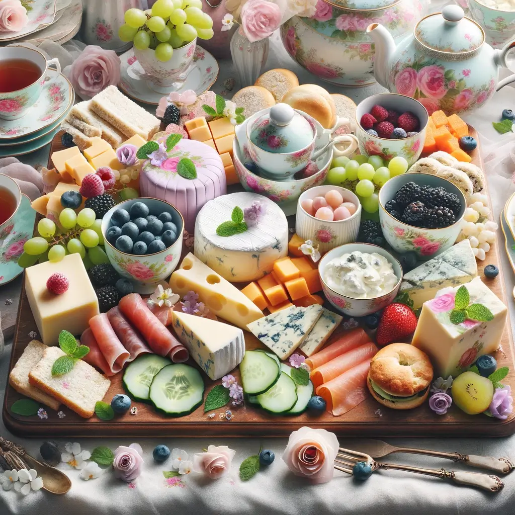 image of a tea party-themed Mother's Day charcuterie board, showcasing the quaint and sophisticated vibe suitable for a special celebration. 