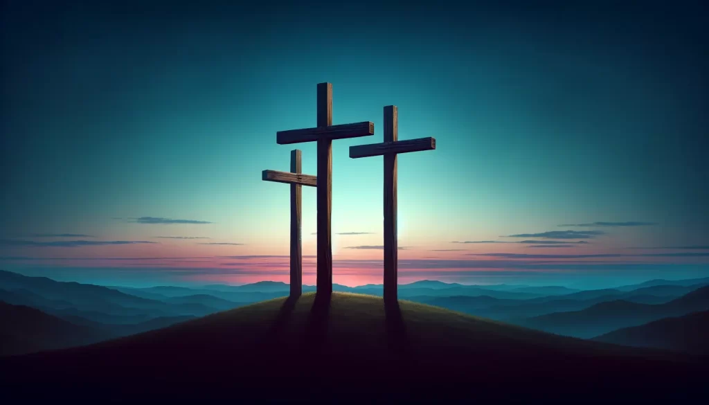 Three wooden crosses on a hill.