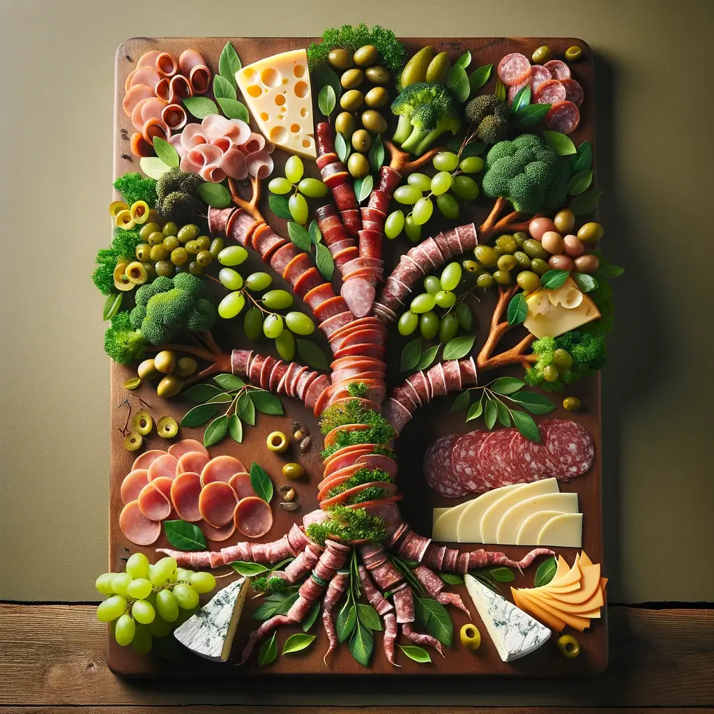 A tree symbolizes strength, stability, and growth, reflecting a mother's role in a family. You could use different types of meats to form the trunk and branches, with fruits and cheeses as leaves.