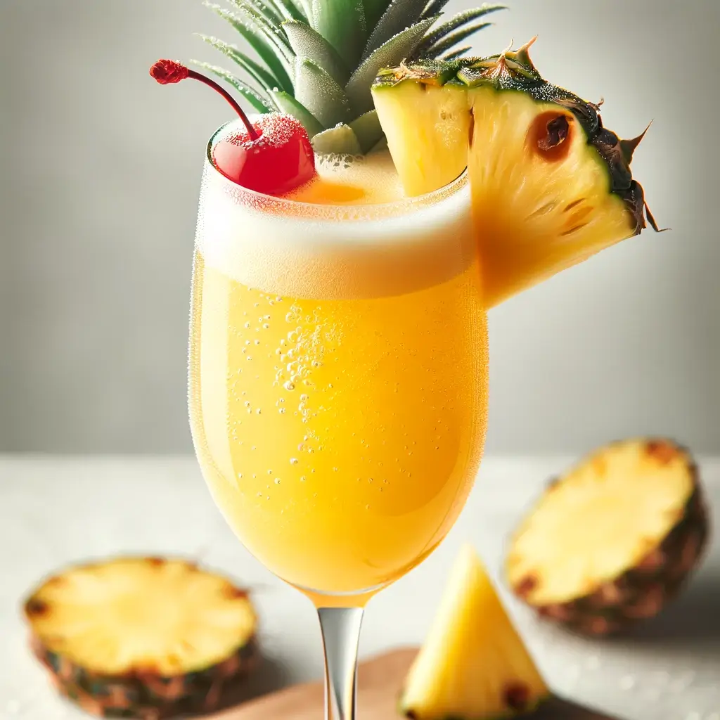 Pineapple juice, coconut milk, sparkling wine, pineapple slice and cherry for garnish, on the glass rim