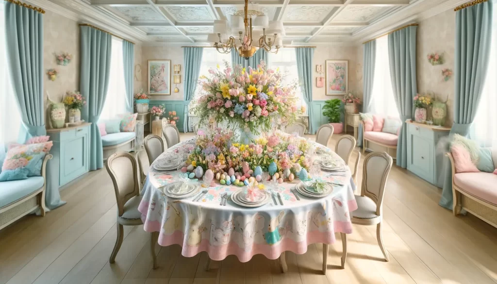 A bright and festive Easter tablescape with pastel-colored tablecloth, plates adorned with bunny and egg designs, and a centerpiece featuring a mix of spring flowers like tulips and daffodils.