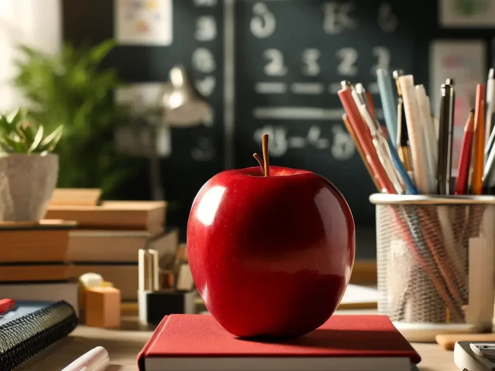 apple on books on a desk