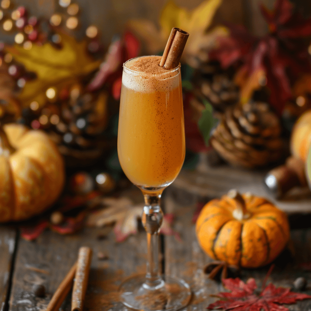 A cozy autumn-inspired mimosa in a flute, made with champagne and cloudy apple cider, garnished with a cinnamon stick. The scene is set on a wooden table with fall decorations like pumpkins and autumn leaves, conveying a warm, rustic vibe.