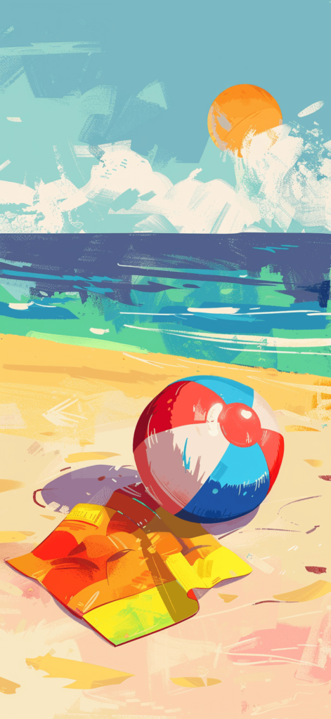 A stylized illustration of a beach ball and a towel on bright sandy shores. Summer iPhone wallpaper.