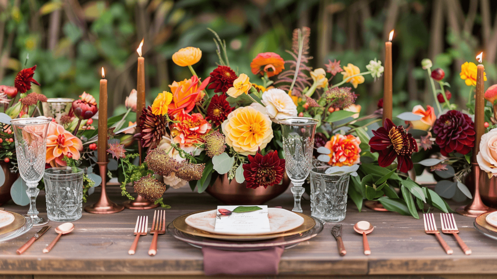 Capture the colors of a sunset with an Earth Day tablescape that uses red, orange, and yellow flowers paired with copper utensils. Add solar-powered lanterns to illuminate the table as evening falls, blending eco-friendliness with beauty.