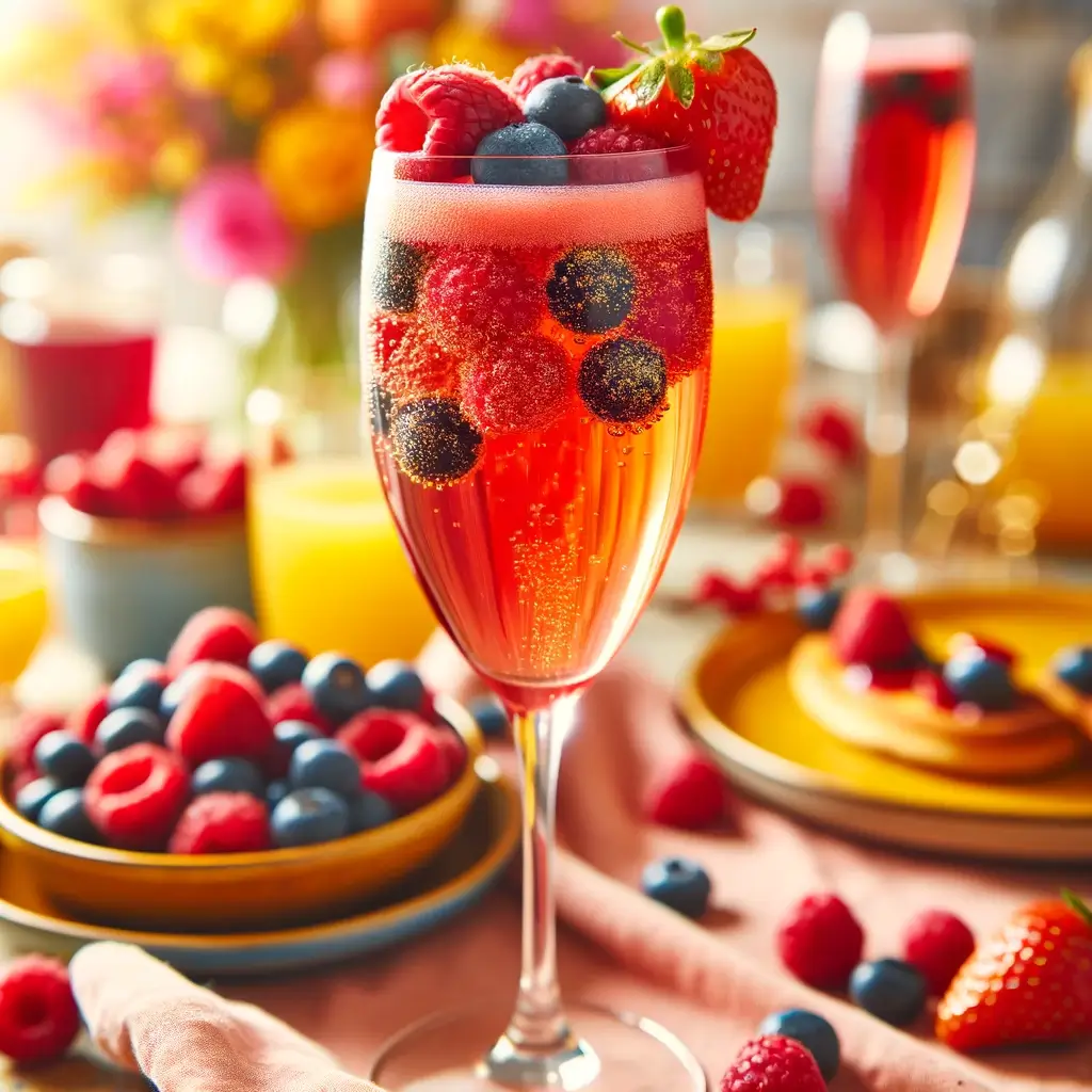 A festive and colorful mimosa in a champagne flute, filled with a sparkling mix of champagne and rich, red mixed berry juice. The glass is garnished with a skewer of fresh raspberries, strawberries, and blueberries, presented on a rustic wooden table adorned with wildflowers.