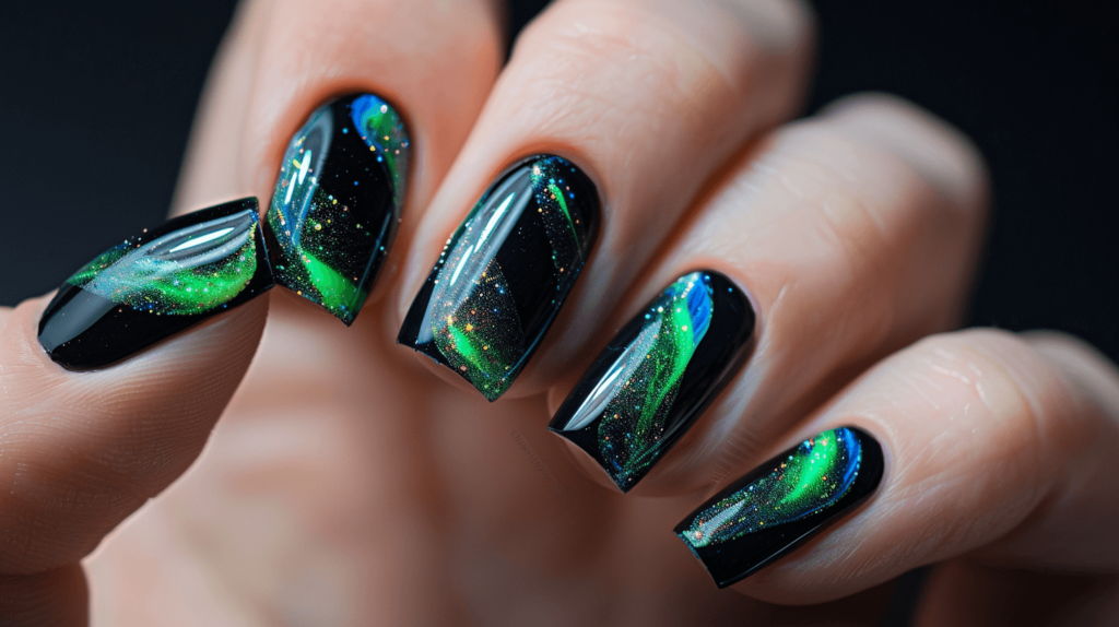 Aurora Borealis Inspiration: Create a mesmerizing effect with a black base and paint swirly patterns in green and blue, reminiscent of the northern lights. This design celebrates the natural phenomena of our planet.