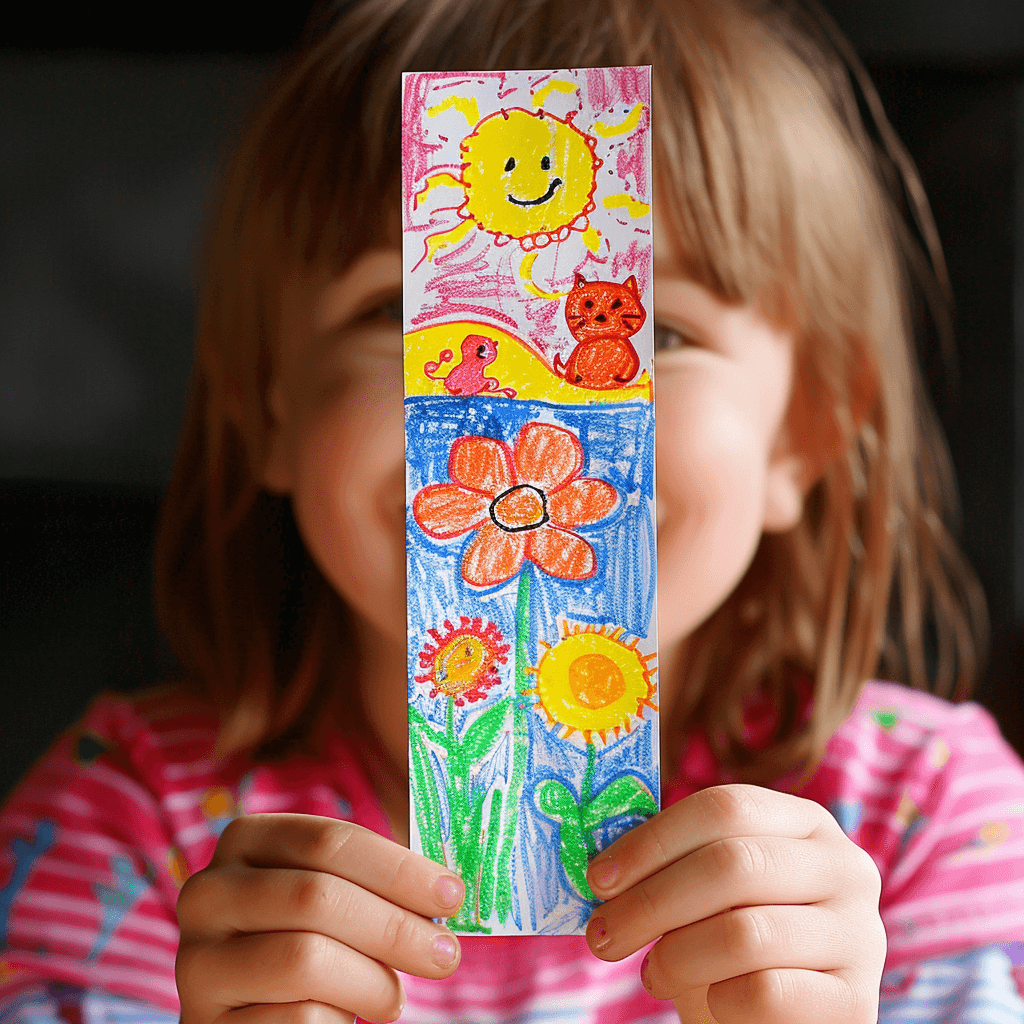 DIY teacher appreciation gifts - child holding a self-drawn bookmark