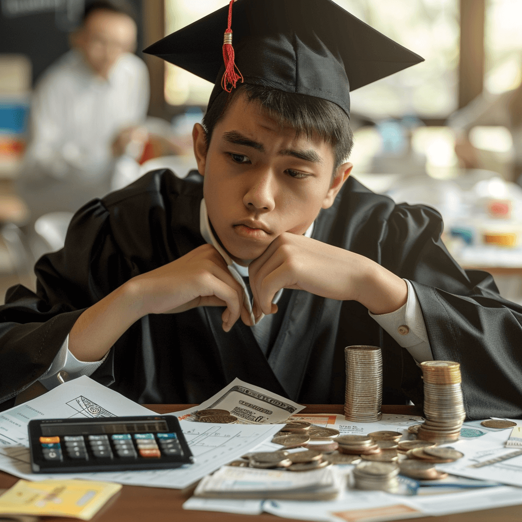 An image of a graduate in a cap and gown, sitting at a table with a budget planner and calculator in front of them. The table is strewn with receipts and notes, and there are scattered coins and a few dollar bills around. The graduate looks thoughtfully at the calculator, symbolizing the careful budgeting and financial planning involved in organizing a graduation party.