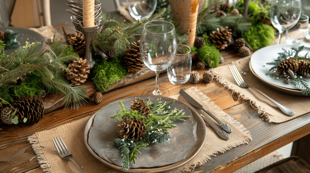 pinecones and greenery tablescape