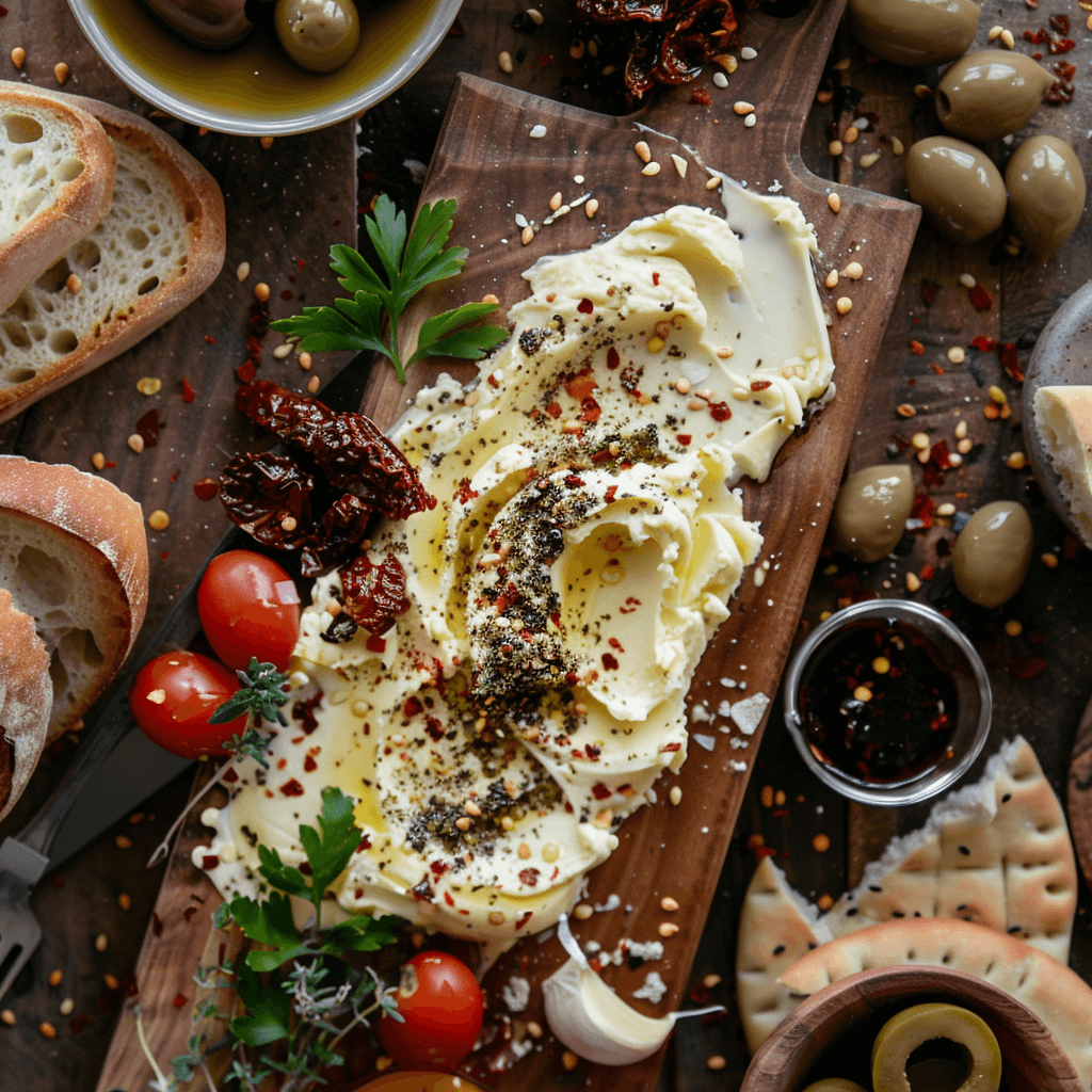 Spread a base of olive oil-infused buttery spread, sprinkled with za'atar and minced garlic. Accompany with pita bread, focaccia, or ciabatta. Include sides of sun-dried tomatoes, olives, and a balsamic glaze.