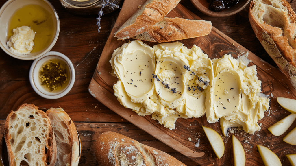 Use a rich, creamy butter sprinkled with sea salt and lavender. Accompany it with French baguettes, brioche, or sourdough. Add fig jam, sliced pears, and a soft cheese like brie or camembert.