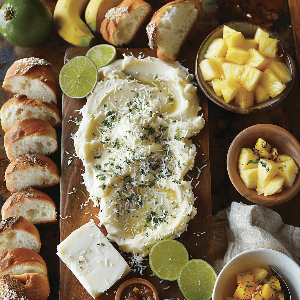 Combine butter with a bit of lime zest and coconut flakes. Serve with banana bread, sweet rolls, or Hawaiian bread. Include mango chutney, pineapple slices, and macadamia nuts for a tropical twist.