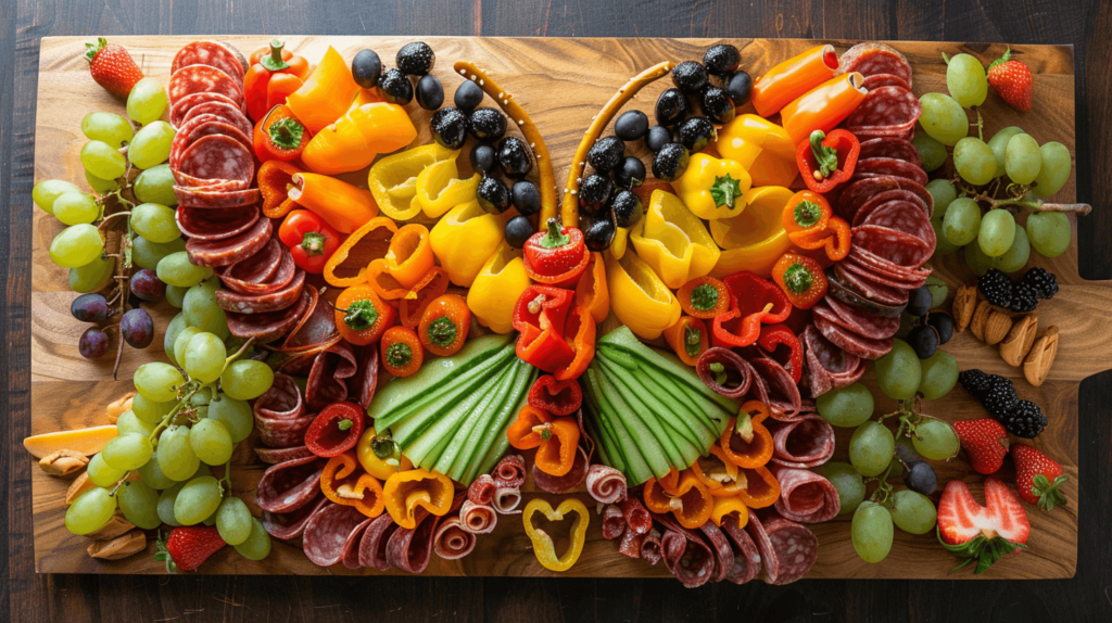 Generate an image of a Butterfly charcuterie board. Use thinly sliced colorful bell peppers to form the wings, outline the wings with thin strips of salami or prosciutto, and use black olives or small grapes to create the body. Add thin pretzel sticks as the antennae.