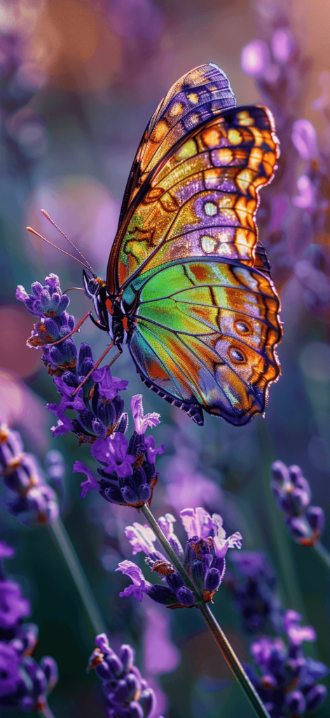 A close-up of a colorful butterfly perched delicately on a sprig of blooming lavender. The detail of the butterfly's wings against the purple flowers would make a visually stunning and summery iPhone wallpaper.