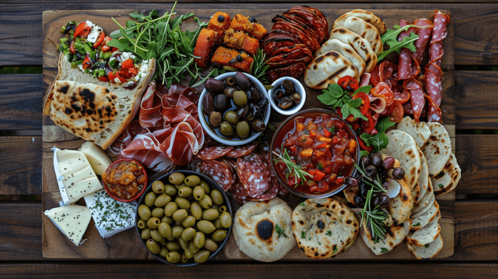 Charcuterie board with Italian prosciutto, Spanish chorizo, Greek olives, French Brie, Indian mango chutney, Japanese edamame, and a variety of breads including pita, baguette, and naan.