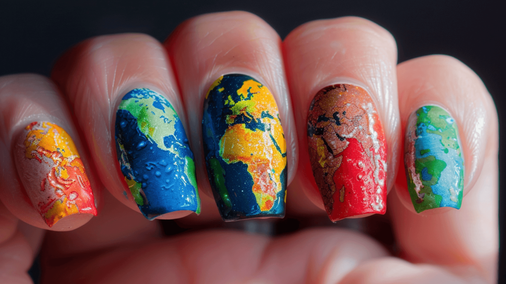 Global Unity: Paint each nail with a part of the world map in different colors, symbolizing unity and the global effort required to address environmental issues.