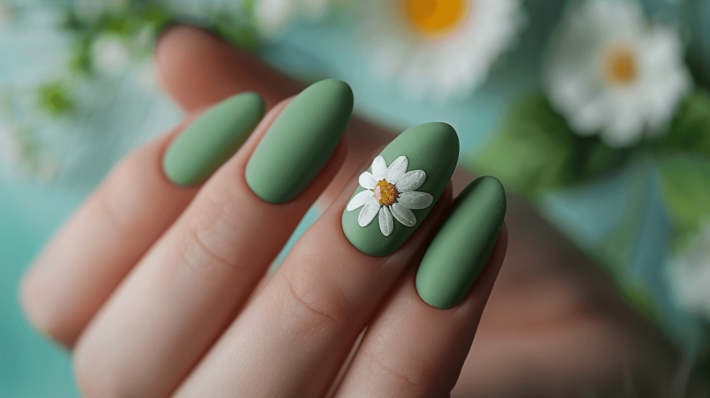 Single Daisy Design: Choose a matte green finish for a natural, earthy look on all your nails. On your ring finger, paint a single white daisy with a yellow center. This design is not only straightforward but also beautifully highlights the theme of nature and sustainability. The daisy symbolizes purity and new beginnings, making it a perfect emblem for Earth Day.