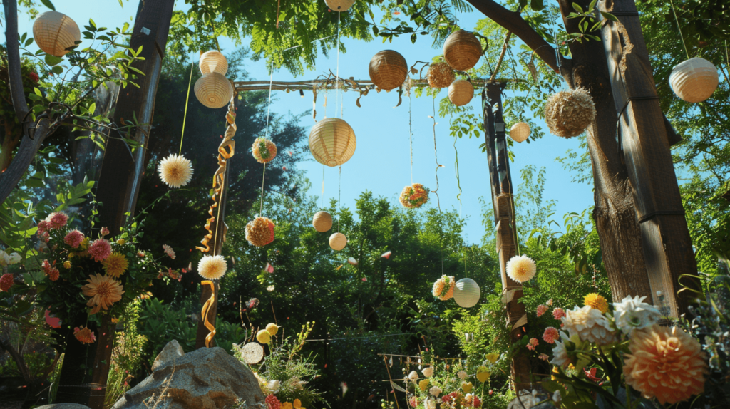 An image depicting an outdoor party setup in a backyard, featuring decorations made from natural materials like stones, leaves, flowers, and branches. Include biodegradable balloons and paper streamers made from recycled paper, set against a backdrop of trees and a clear blue sky. 