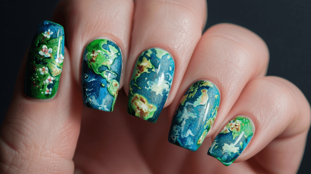 Earth and Floral Accents: Paint your nails with a base of vibrant greens and blues to resemble the Earth from afar. Add small, delicate floral patterns on your thumbs to emphasize nature's beauty and fragility.