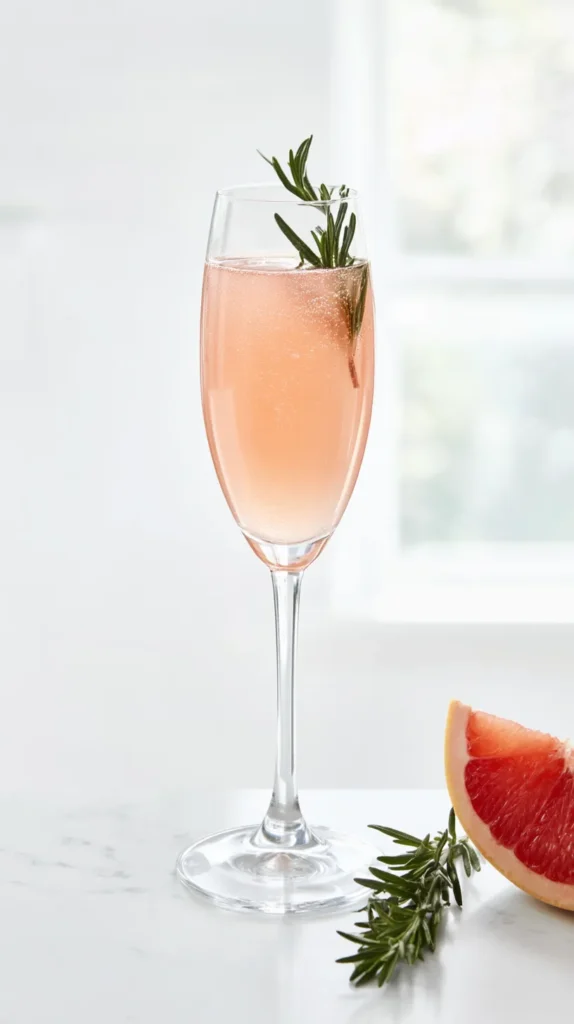 hyper-realistic photo of a Grapefruit and Rosemary Mimosa in a clear champagne glass, pale pink grapefruit mimosa with fine bubbles, a small fresh rosemary sprig placed inside the glass, elegant spring drink styling, set on a bright white marble countertop in a bright white kitchen, soft natural window light, crisp clean shadows, airy editorial food photography, fresh grapefruit half and one rosemary sprig on the counter beside the glass, minimal styling, high detail, realistic liquid texture, no hands, no people, no text, no label, no watermark