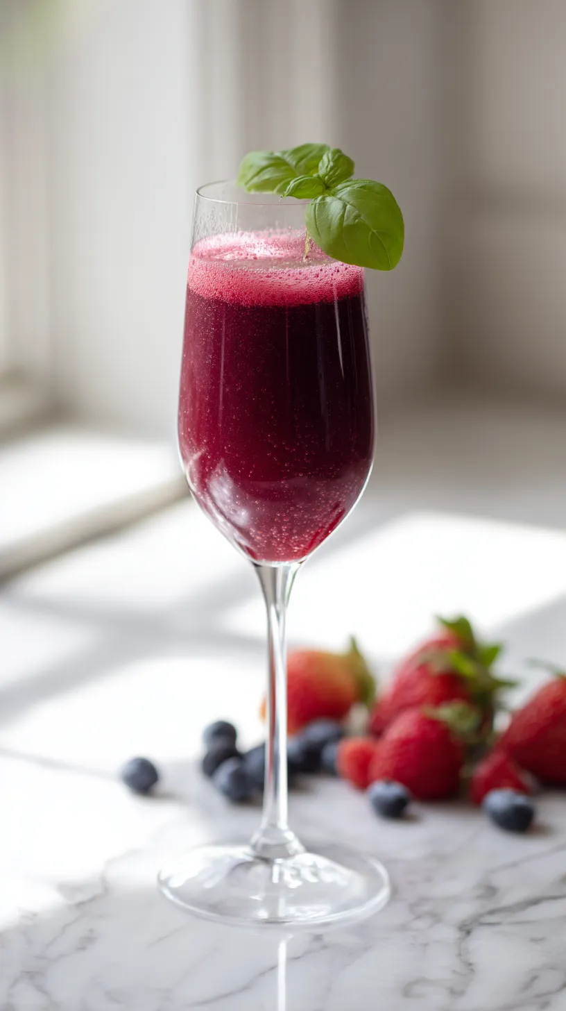 hyper-realistic photo of a Berry Basil Bliss mimosa in a clear champagne glass, deep pink and purple berry mimosa made from strawberry raspberry and blueberry purée with fine bubbles, one small fresh basil leaf placed inside the glass, set on a bright white marble countertop in a bright white kitchen, soft natural window light, crisp clean shadows, airy editorial drink photography, a few fresh strawberries raspberries and blueberries arranged beside the glass, minimal styling, realistic liquid texture, no hands, no people, no text, no label, no watermark