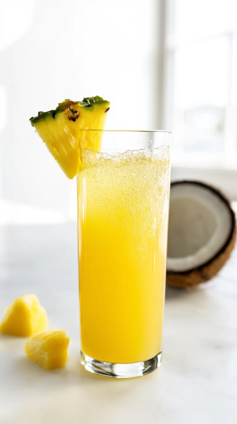 hyper-realistic photo of a Pineapple Coconut Refresher mimosa in a clear recycled glass tumbler, bright golden yellow mimosa made with organic pineapple juice and coconut water, topped with sparkling wine with fine bubbles, small fresh pineapple slice on the rim, set on a bright white marble countertop in a bright white kitchen, soft natural window light, crisp clean shadows, airy editorial drink photography, a few pineapple chunks and half a coconut beside the glass, minimal styling, realistic liquid texture, fresh tropical spring feel, no hands, no people, no text, no label, no watermark