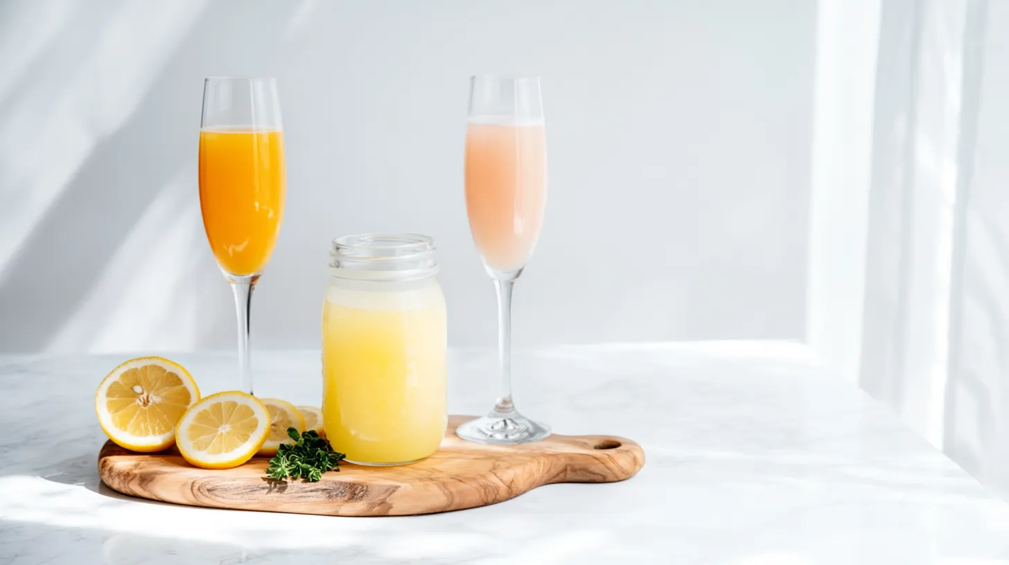 hyper-realistic photo of three Earth Day mimosas on a small natural wood tray, one orange mimosa in a champagne flute, one pale pink mimosa in a champagne flute, and one pale yellow mimosa in an upcycled mason jar, styled on a bright white marble countertop in a bright white kitchen, soft natural window light, fresh lemon slices and a few green herb sprigs beside the tray, airy editorial brunch photography, crisp clean shadows, simple elegant spring styling, realistic liquid texture, no hands, no people, no text, no labels, no watermark
