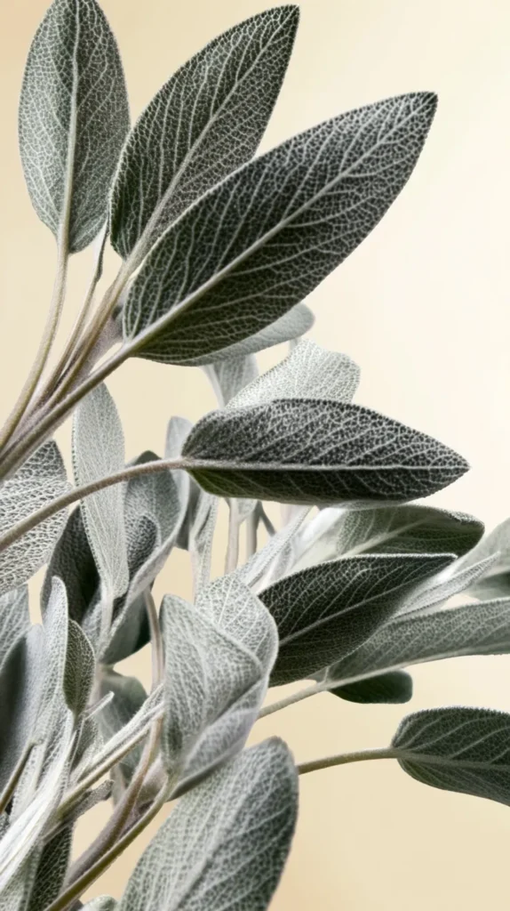 Soft sage leaves on a creamy background