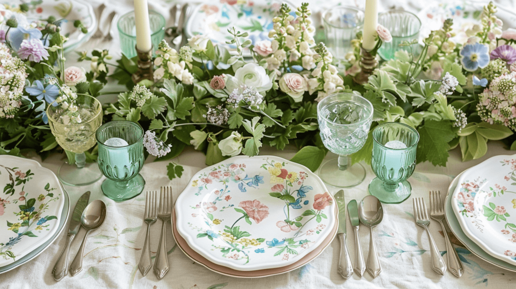 Create a fairy-tale Earth Day tablescape using pastel-colored flowers and green ivy garlands. Incorporate vintage glassware and plates with floral patterns, set on a tablecloth of natural fibers to create an enchanting, eco-friendly setup.