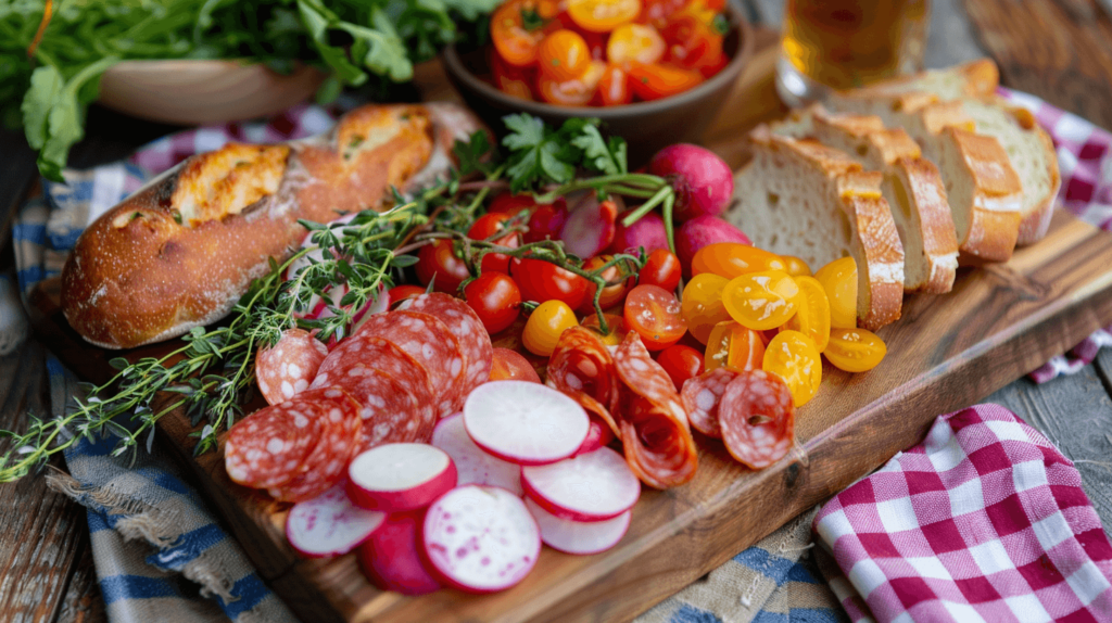 a "Farmers' Market" charcuterie board with sliced radishes, heirloom tomatoes, fresh herbs, artisan bread, local cheeses, and charcuterie, presented on a wooden board with a gingham cloth.