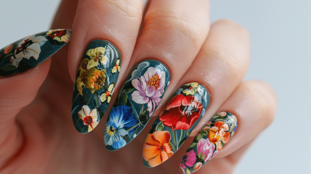 Blossoming Flowers: Each nail could feature a different type of blooming flower, symbolizing growth and renewal. Choose bright, vibrant colors to make the floral designs pop.