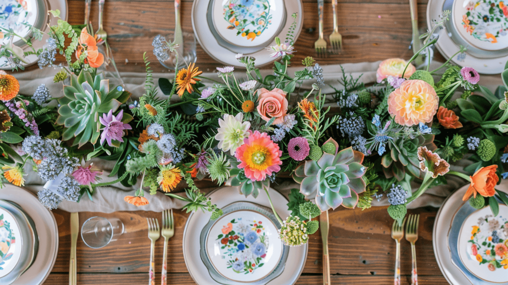 spring flowers down the center of the table, plates with a floral design