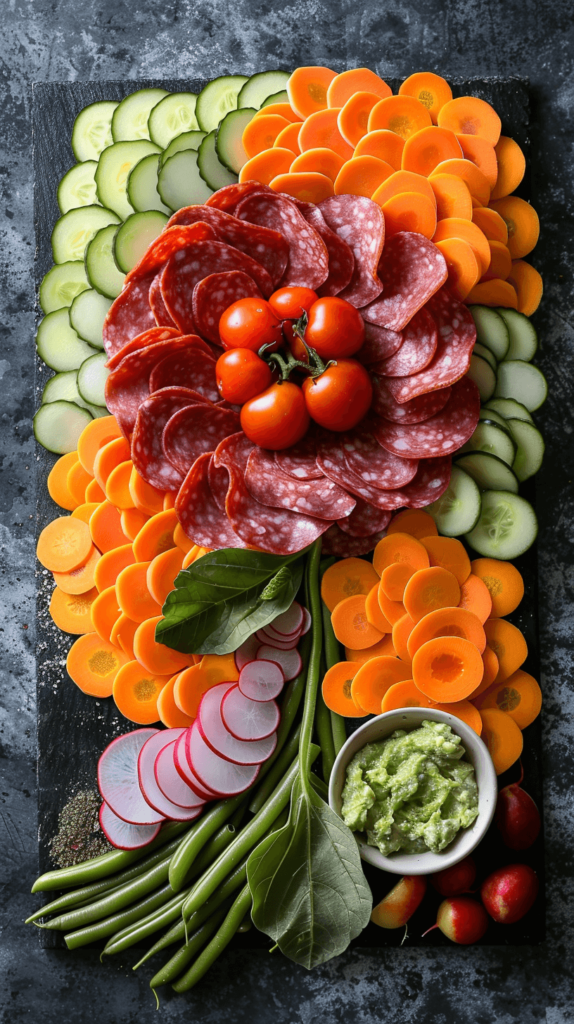 image of a Flower charcuterie board, using sliced cheeses and meats to form a large, central flower. Use a cherry tomato as the flower's center, surrounded by radish slices and carrot coins as petals. Arrange cucumber slices and green beans to create the stem and leaves, visually connecting to the flower. Place a small bowl of vibrant beet hummus or avocado dip near the base of the stem to resemble a pot, enhancing the floral theme. 