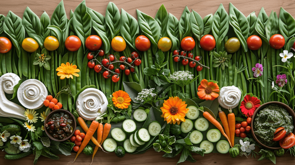 Create an image of a charcuterie board designed to look like a garden patch. It should have a leafy green base, rows of cucumbers, cherry tomatoes, baby carrots, and sugar snap peas. Include small bowls of dips and rolled herbed goat cheese, garnished with edible flowers.