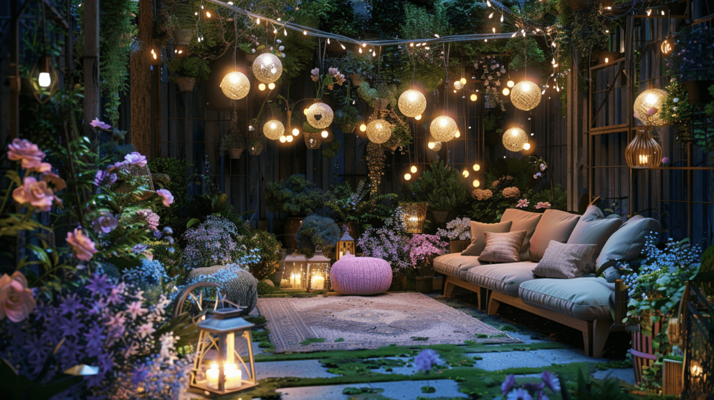 Garden Party Theme: A charming garden setting with floral designs, pastel colors, greenery, and fairy lights, complete with garden lanterns and comfortable seating areas
