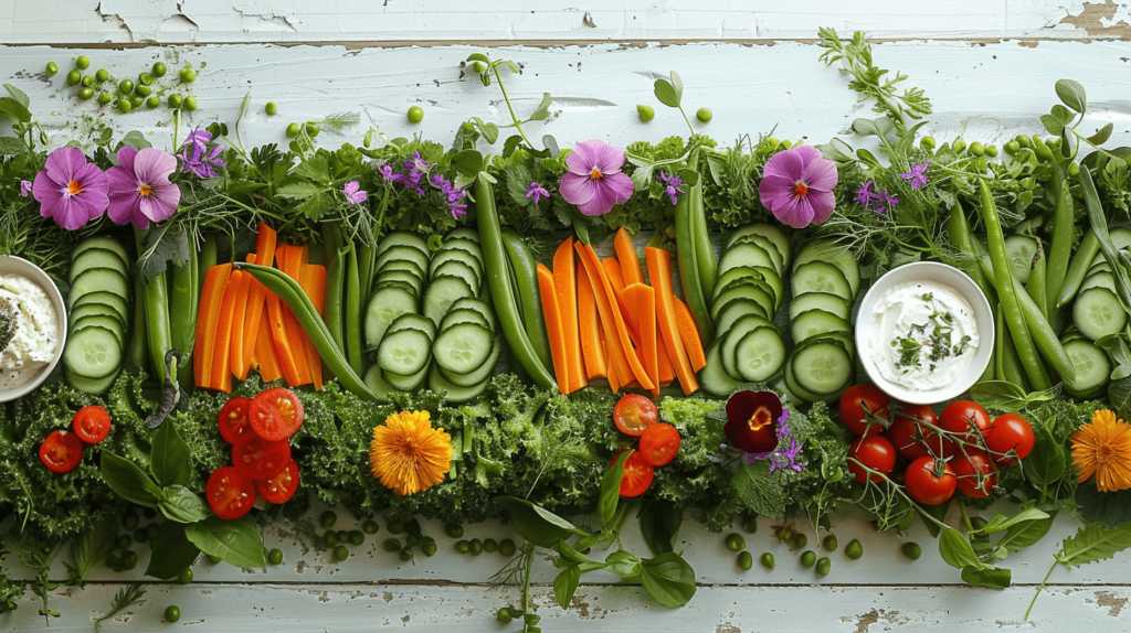 A cheese and meat board that looks like a garden. There should be rows of cucumbers, cherry tomatoes, baby carrots, and sugar snap peas on the leafy green ground. Small bowls of dips and rolled goat cheese with herbs and edible flowers should be served.
