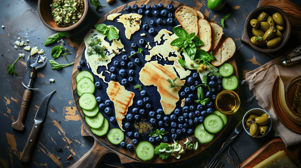 image of an Earth Globe charcuterie board on a round base. Use blue cheese and blueberries to form the oceans and green apples, cucumbers, and green olives to create the continents. Outline the shapes with thin strips of mozzarella for clarity.