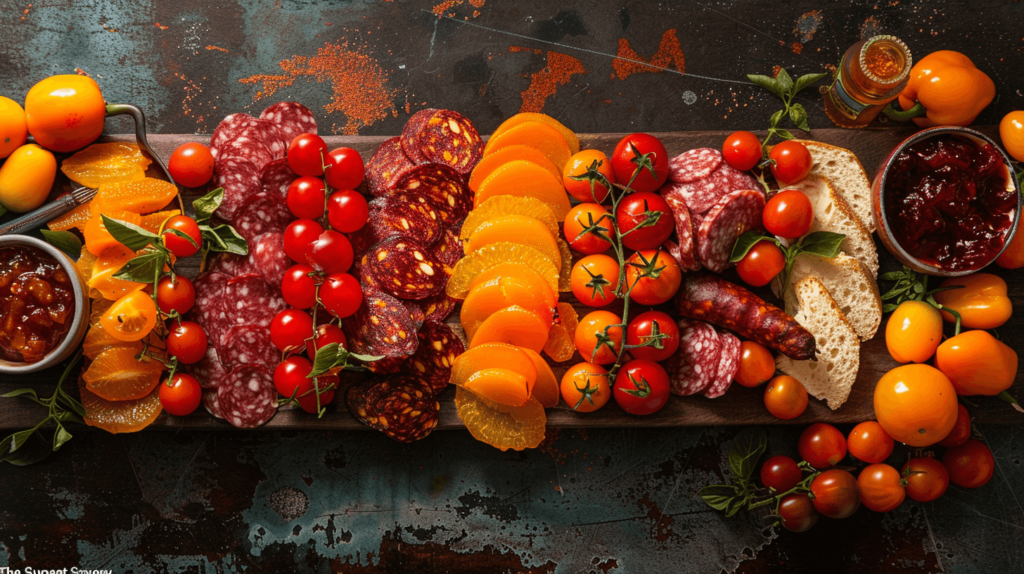 a charcuterie board called "The Sunset Savory," showcasing orange and red bell peppers, cherry tomatoes, pepper cheeses, chorizo, apricot preserves, and spicy mustard in a gradient color arrangement.